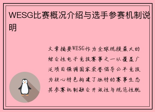 WESG比赛概况介绍与选手参赛机制说明